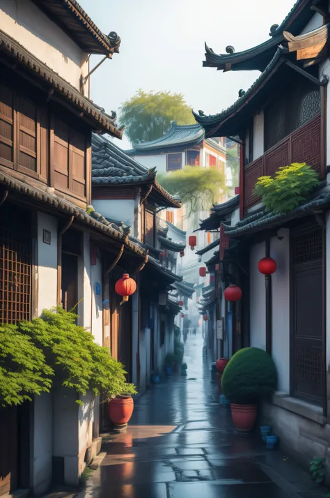 jiangnan ancient town, the roads on both sides grow flowers, colorful, very beautiful, quiet, ultra-clear picture quality, ultra...