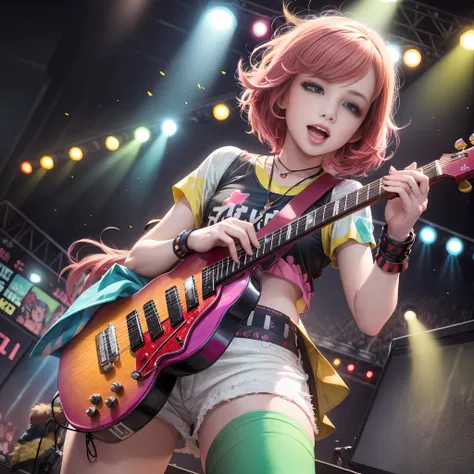 araffe girl with pink hair playing a guitar on stage, ross tran 8 k, artwork in the style of guweiz, detailed digital anime art,...