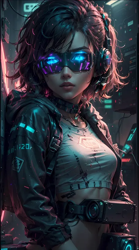 ((best qualitiy)), ((master-piece)), (very detailed: 1.3), 3d, neonnoir, belle femme cyberpunk, (wearing a head-mounted screen t...