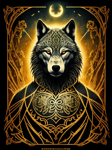 best quality, masterpiece, wolfs, werewolf man、goddesses, dark background,