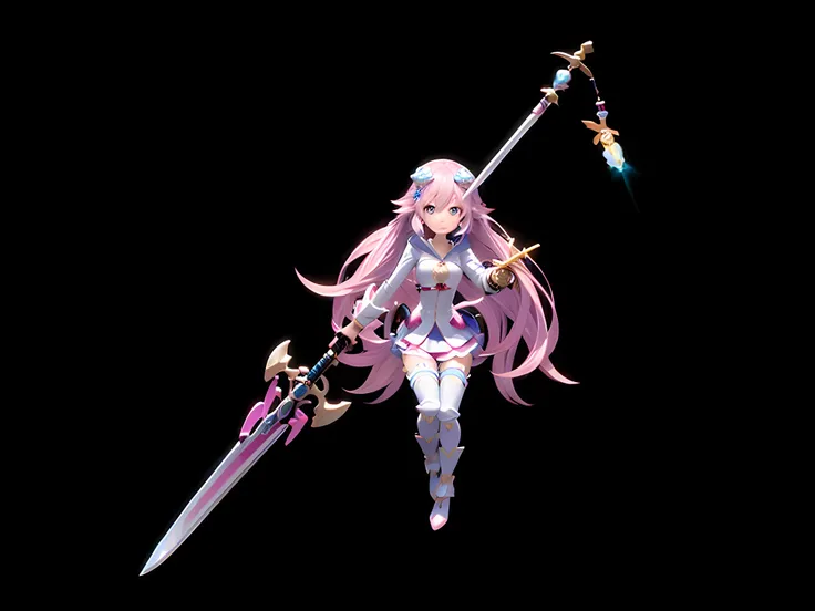 a close up of a person holding a sword and a sword, shining pink armor, humanoid pink female squid girl, render of mirabel madrigal, streamlined pink armor, 3 d render official art, Ayaka Genshin impact, Katana Zero video game character, knights of zodiac ...