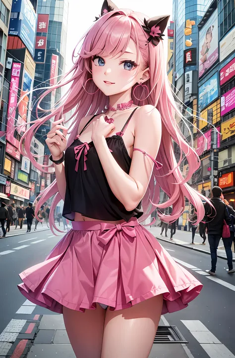 portrait art 15。pink hair。long haired。preated skirt。camisole。ear ring。heart-shaped chest。happy look。in the city of shibuya。gusts...