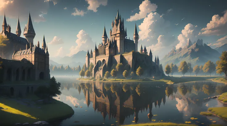 Fairy Tale AI City、masterspiece、trending、8K, Hogwarts-inspired city、lake、grass field、University City、Fantasy movie universe、beautiful detailed city, high resolution,