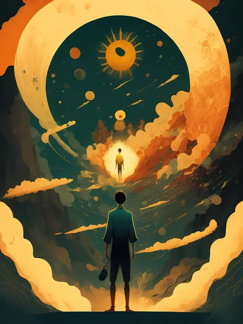 a painting of a man standing in front of a giant sun with smoke coming out of it by victo ngai