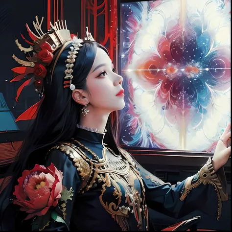 Official art, Unity 8k Wallpapers, Ultra detailded, Beautiful and aesthetic, masterspiece, beste Quality, (Zentangle, mandala, entangled, entangled), (Fractal Art:1.6) , 1girls, Red flowers, extremely detail, Dynamic Angles, cow-boy shot, the most beautifu...