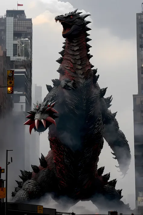 the background is smoke from the collapse of skyscrapers, kaiju towering above new york, giant mechanical monsters, dragon monst...