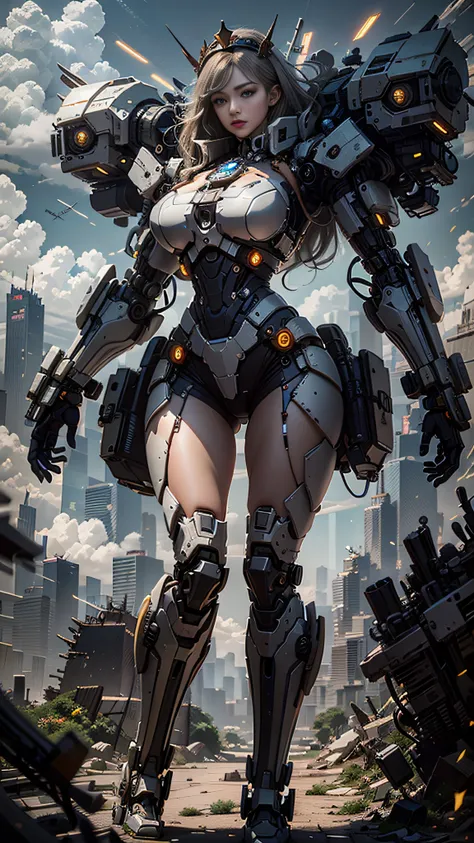 ((best quality)), ((masterpiece)), (very detailed:1.3), 3d, shitu-mecha, beautiful cyberpunk woman wearing a crown with her mech...