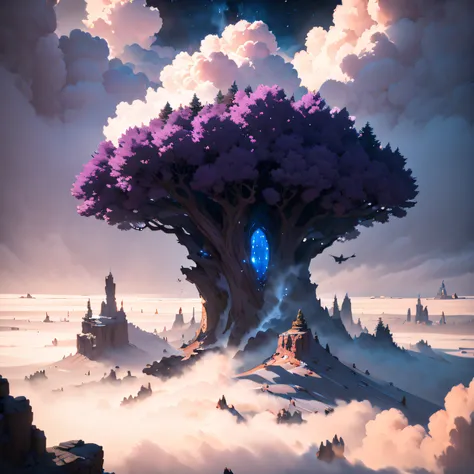 outer space area，large purple tree on a cloud，the mist was everywhere，电影光感，the perspective is exaggerated，cobalt blue sky backgr...