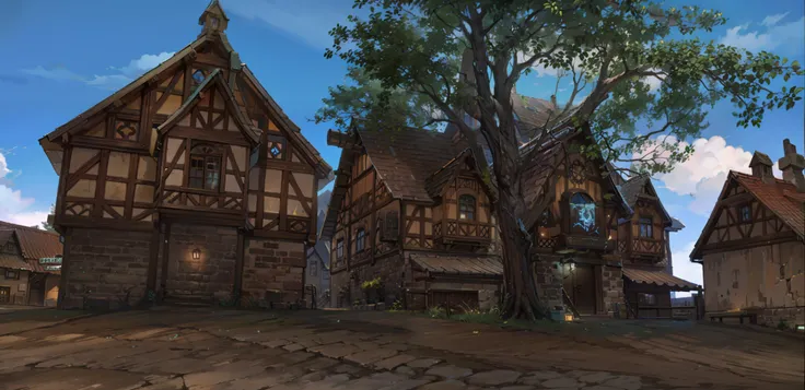 On a hill,There are two houses next to each other, zenithal view, ingame image, beautiful screenshot, quaint village, french village exterior, tavern background, <mmorpgs scene, medeival fantasy town, fantasy town setting, a small medieval village, mmo, de...