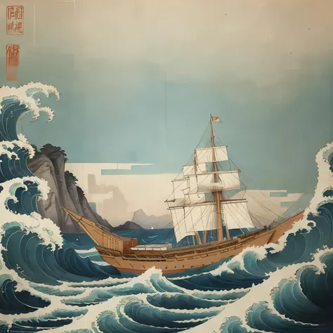 a large ancient cargo ship in china，close-up view，set sail through the waves，in the visual style of chinese painting，light cyan ...