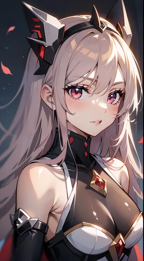 half-body,A girl,cabelos preto e longos,Delicate red eyes,diadem,Detailed eyes,eyelash,Red Eyeshadow,Textured skin, high detailes, Super detail, 16k