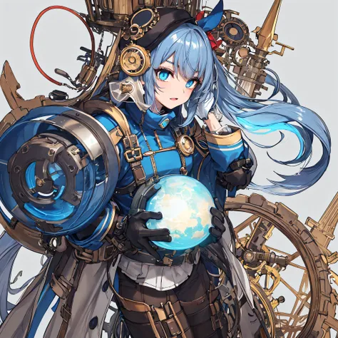 Fluffy cute ball that is Optimis Prime, blue fluff, silver and red metal, glowing blue eyes, masterpiece, best quality, ((In steampunk style))