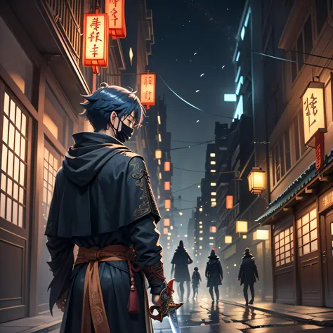 ancient chinese architecture，streets，night，two people were fighting in the distance，an anime boy，with a cloak，wearing a black co...