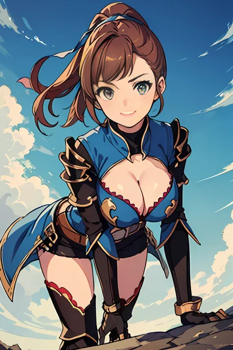 masterpiece, best quality, defbeatrix, ponytail, hair ribbon, gauntlets, blue shirt, gloves, cleavage cutout, belt, short shorts...