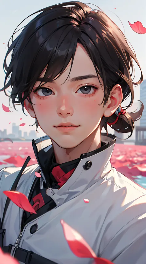 （best qualitiy，杰作，hyper-realistic），1 cute boy portrait，playful and cute，background petals drifting