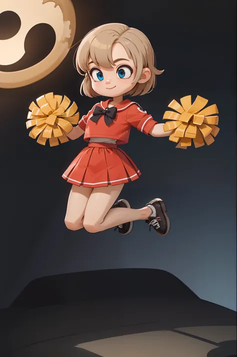 woman, (Masterpiece, best_quality, Ultra-detailed, immaculate:1.3), epic, illustration, welcoming, 1girls, cheerleader, beige hair with blue-grey highlights, Pulled Back Bob, (Full body:1.3), [:revealing costume design:0.2], , in an infernal, celestial aut...