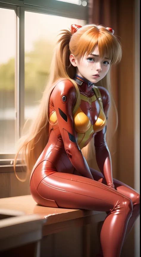 asuka langley ,巨作, best quality,,cry,sit on your knees,classroom,plugsuit,chinese，1girl