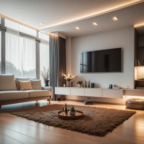 3d rendering modern、cozy interior lighting、artstation、Ultra detailded、the movie、daz、hyperreality、octanerender、A realistic dollhouse living room,Furniture and windows at night。3DMDT1