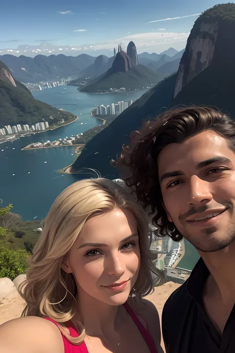 there is a caucasian man with curly brown hair and blonde swedish woman taking a selfie together, rio de janeiro, with mountains...