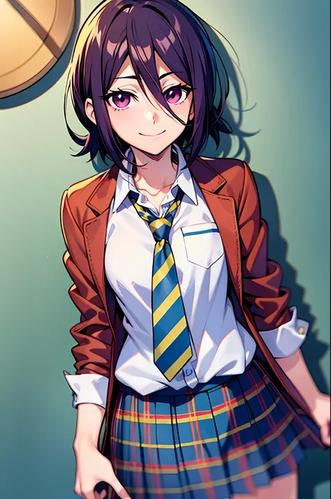 light smile, schoolgirl attire, white blouse with yellow jacket, green striped tie, red plaid skirt, (style of bleach anime), (style of chainsaw man anime), (illustrated by Tite Kubo), (illustrated by Tatsuki Fujimoto), (style mixing), Orihime Inoue, Koben...