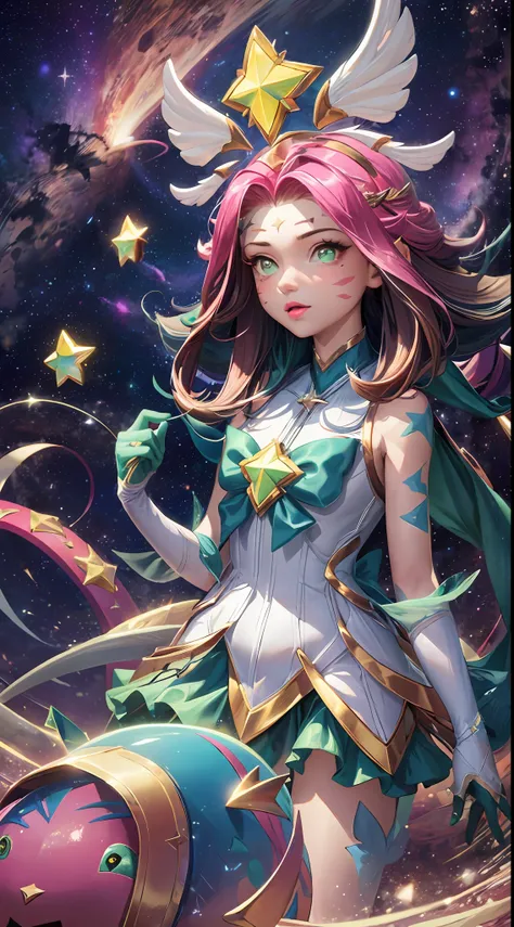 Best quality, Intricate details,
1girls, neeko, facial marks, star guardian neeko,multicolored hair, Dress, star guardian (league of legend), moumagical girl, hair ornament,tail
nebula background, space, Stars, planetes, Darkness,