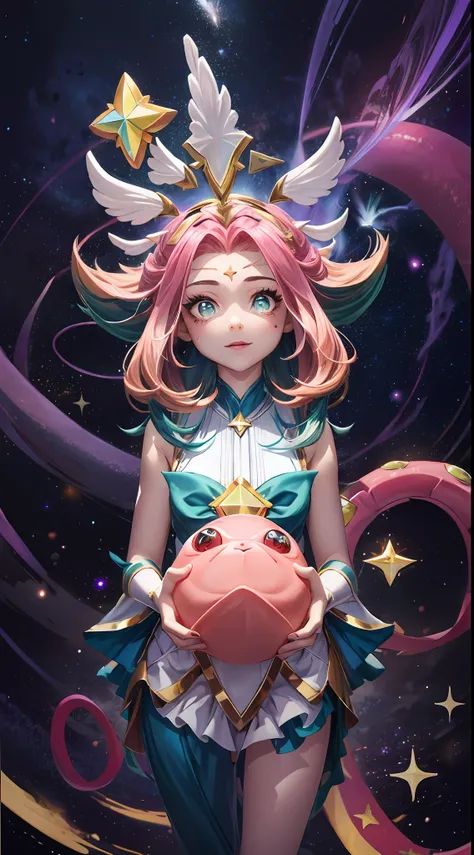 Best quality, Intricate details,
1girls, neeko, facial marks, star guardian neeko,multicolored hair, Dress, star guardian (league of legend), moumagical girl, hair ornament,tail
nebula background, space, Stars, planetes, Darkness,