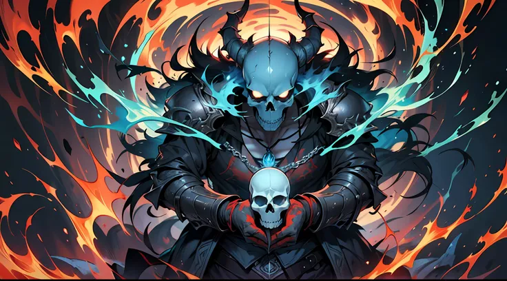 An anime poster featuring a dark skull, evil and dangerous, intricate and delicate armor on the upper body, skull jewelry and necklace decoration, lean figure, fierce and empty flame eyes, hands folded, a large number of blue flame skull soul surrounding, ...