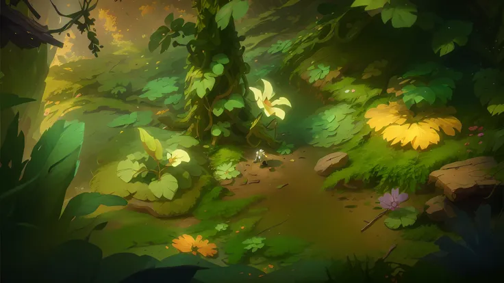 (Microscopic perspective)(Overlooking),In the forest there is(Fantasy Forest+Fantasy flowers and plants+Fantasy leaves+Fantasy vegetation+Fantasy stones),Feel the atmosphere surrounded by plants,Pixar style,Pixar movies,best qualitiy,Best material,Best re...