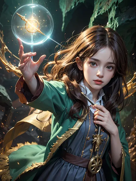 1girl, solo focus, child, Hermione Granger,realistic, in long hogwarts robes, casting a spell, waving her wand with golden particle effects, lumos maxima against a skeleton soldier in a dark cave, cinematic lighting, trending on ArtStation, by Irakli Nada...