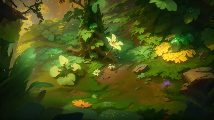 (Microscopic perspective)(Overlooking),In the forest there is(Fantasy Forest+Fantasy flowers and plants+Fantasy leaves+Fantasy vegetation+Fantasy stones),Feel the atmosphere surrounded by plants,Pixar style,Pixar movies,best qualitiy,Best material,Best re...