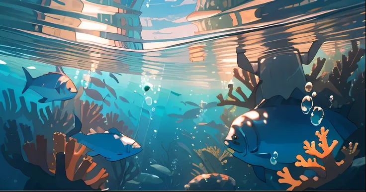 this is a game design scenario， under the water， bubbles，seaweed， coral， the sunlight， air bubbles，the golden hour, cinematic li...