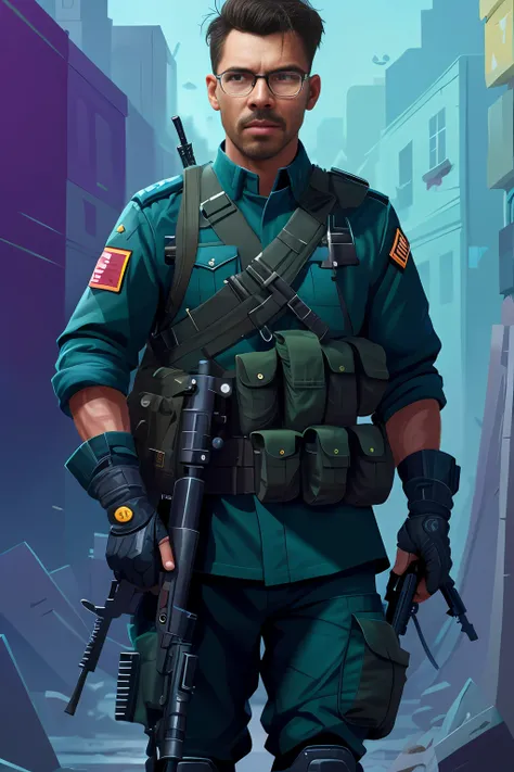 guttonerdvision6, Soldado Arafed com uma metralhadora em uma rua da cidade, Wojtek FUS, roupa de soldado, Soldado, detailed game art illustration, Man in glasses, Soldados monarquistas, Closeup da arte do personagem, Portrait of a bespectacled soldier, Dir...