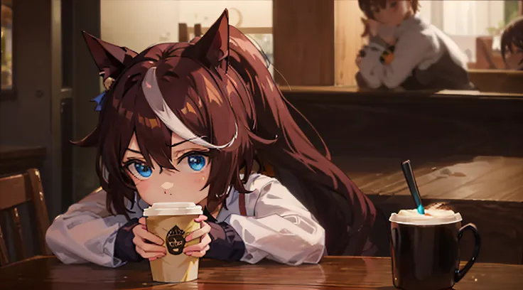 Cat girl drinking coffee, minigirl, anime style, blue eyes, brown hair, ponytail
