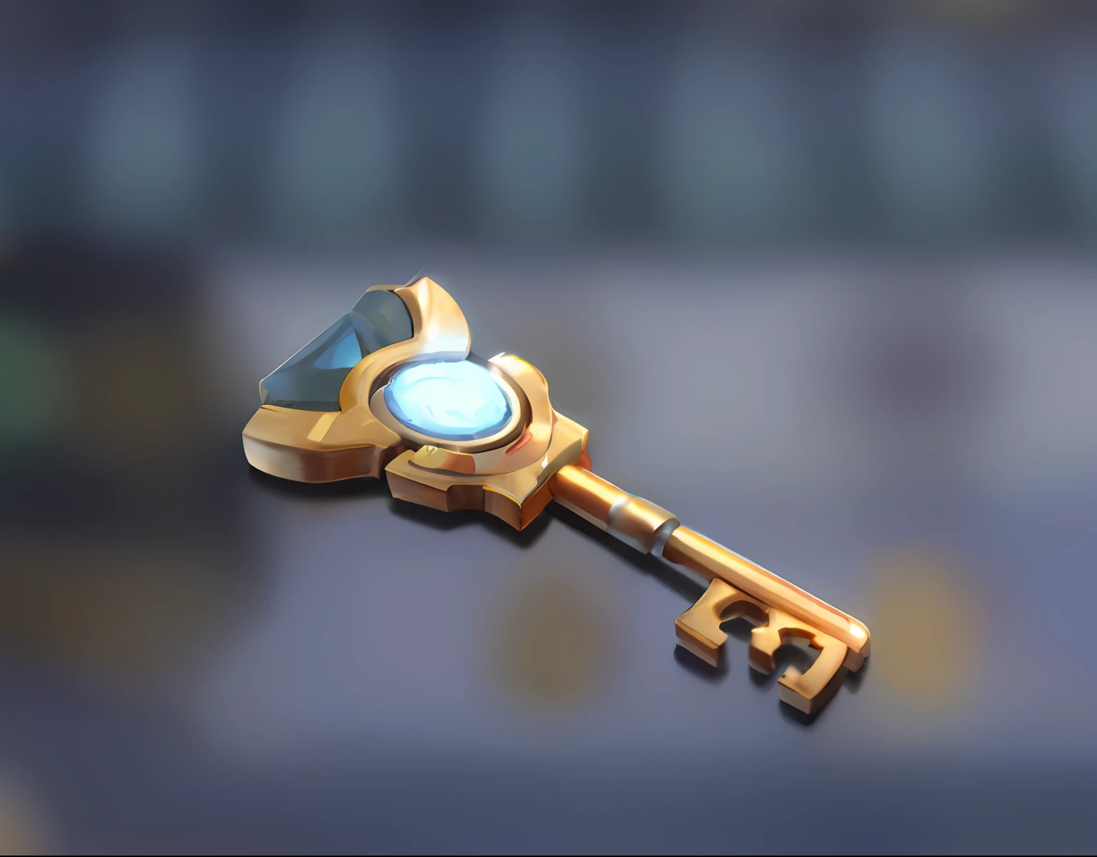 there is a golden key，there is a blue stone on it, golden key, treasure artifact, legendary item, key is on the center, mecha me...