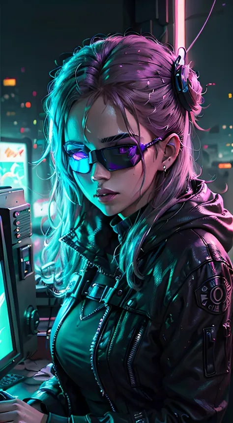 ((best quality)), ((masterpiece)), (highly detailed:1.3), 3d,neonnoir, beautiful cyberpunk woman,(wearing head-mounted display t...