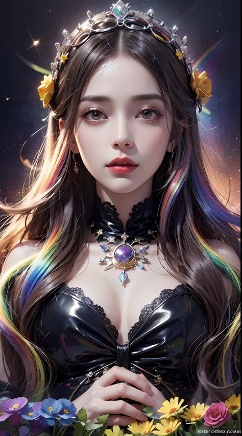 1 27-year-old girl, 1 zodiac goddess from the future, 12 zodiac goddess pink purple, 12 zodiac goddess face sexy thin yellow nightgown, long thin nightgown 12 zodiac many limbs sexy black lace detail, mythical goddess of the 12 zodiacs from the future, zod...