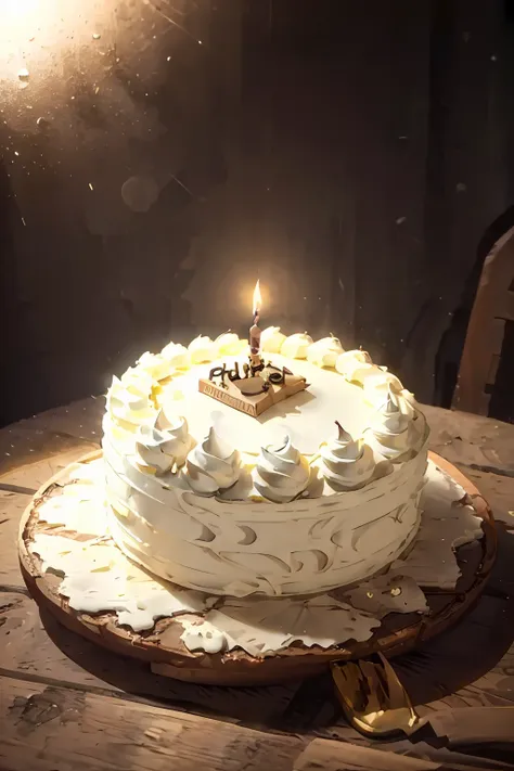 (melhor qualidade), obra-prima, modelo 3d ultra detalhado, birthday cake, velas acesas, fundo preto, high contrast lighting, amb...