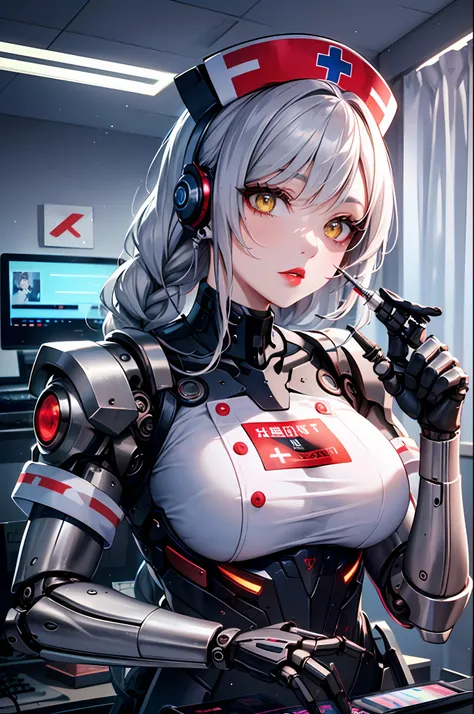 Top quality, masterpiece, fine detail, super detailed, accurate depiction, highly detailed 8k wallpaper, beautiful mechanical woman, solo, (yellow eyes), (sexy mechanical woman: 1.3), five perfect fingers, (exoskeleton nurse clothes: 1.1), (mechanical join...