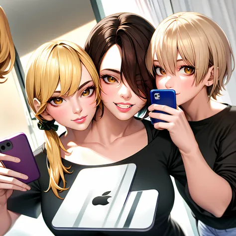 2heads,brown hair, blonde hair, breasts, shirt, selfie, phone, twintails, long hair, short hair,holding, holding phone, cellphon...