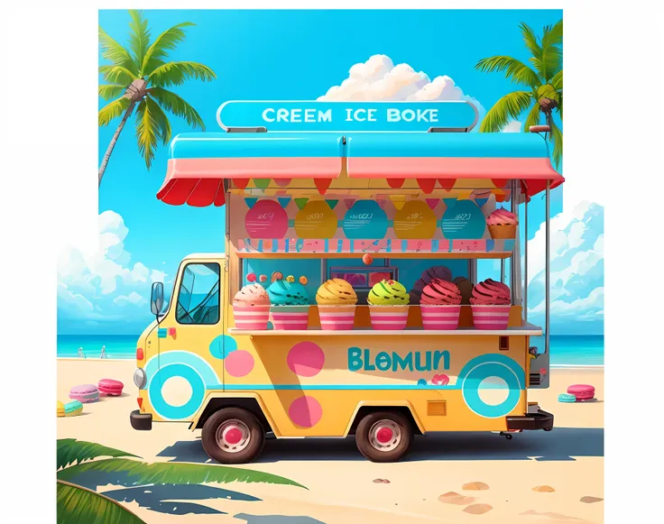 a big ice cream truck，the background is on the beach，there is blue sky，coconut trees，perspective focus，2d，macaron color system，t...