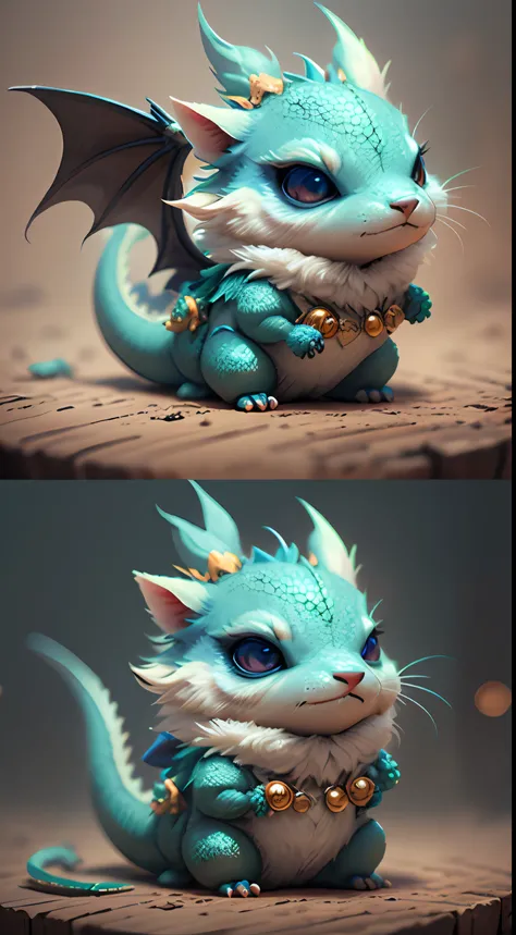 Gorgeous little surreal dragon with realistic eyes and bright different colors care necklace, There are blue crystals on the body,Chibi T-Shi, adorable and cute, Logo design, cartoony, Cinematic Light Effects, mesmerizing, 3D vector art, Cute and quirky, f...