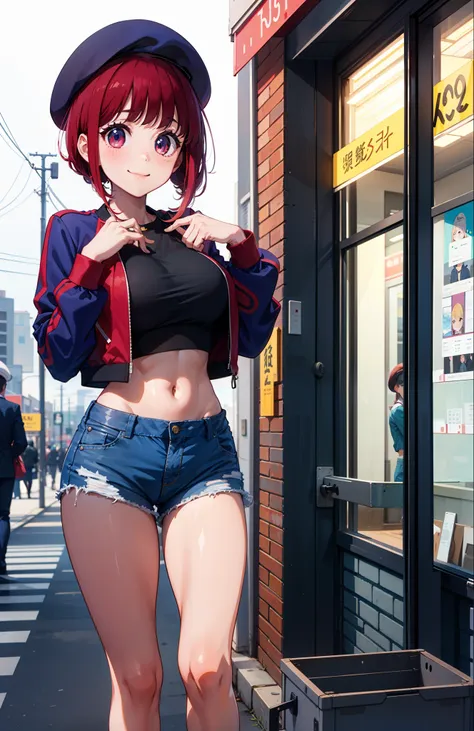 1girl, arima kana, hat, blue headwear, beret, blunt bangs, jacket, short jeans pants, short pants, crop top, show stomach, city ...