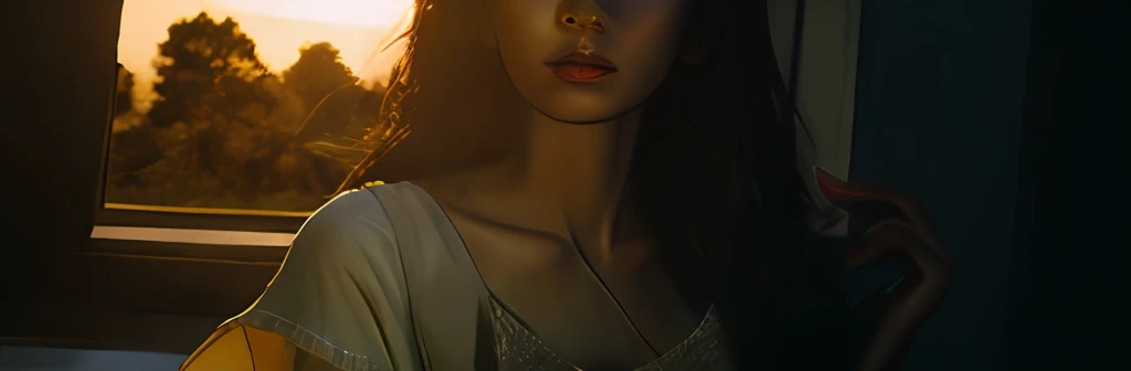 instagram selfie-style realistic photos、she is illuminated by the sunset light coming in through the window。young japan woman st...