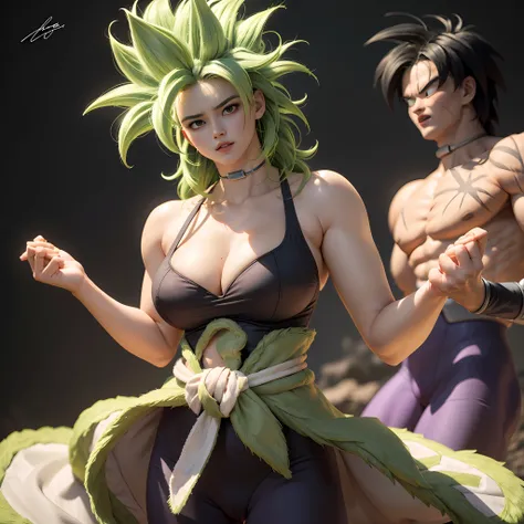 female, feminine, androgynous, large breasts, transgender broly from dragon ball super, 1boy, closed mouth, female focus, muscul...