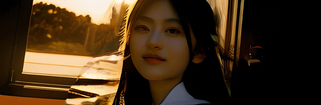 there is half body of intelligent japan young woman illuminated by the light of the setting sun、only half of her face is visible...