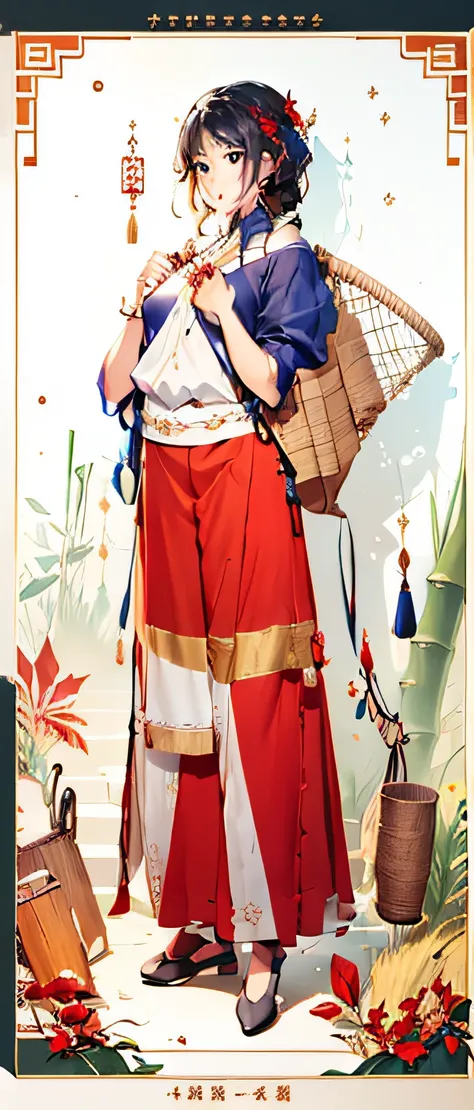 An anime woman picking tea with a bamboo basket,Wearing ancient Chinese coarse linen clothes,Red plum on the background,full body concept, The hairstyle is braided,Full body character drawing, detailed full-body concept,