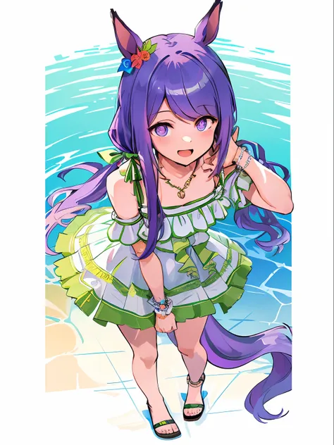 (Masterpiece, Top Quality, Top Quality, Official Art, Aesthetics: 1.2), 1 Girl, Mejiro McQueen, Mejiro McQueen (Swimsuit), mejiro_mcqueen_ (umamusume), Horse Ears, Horse Girl, Long Hair, Purple Hair, Purple Eyes, Bright Pupils, low_twintails, Swimsuit, Dre...