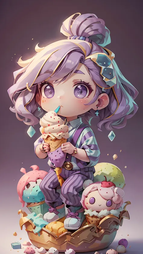 plastican00d， 1boys， chibi t-shi，purple hair， luxury fabrics，republican style， dither， ice cream texture，profound， looking at th...