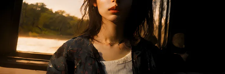 there is half body of intelligent japan young woman illuminated by the light of the setting sun、only half of her face is visible...