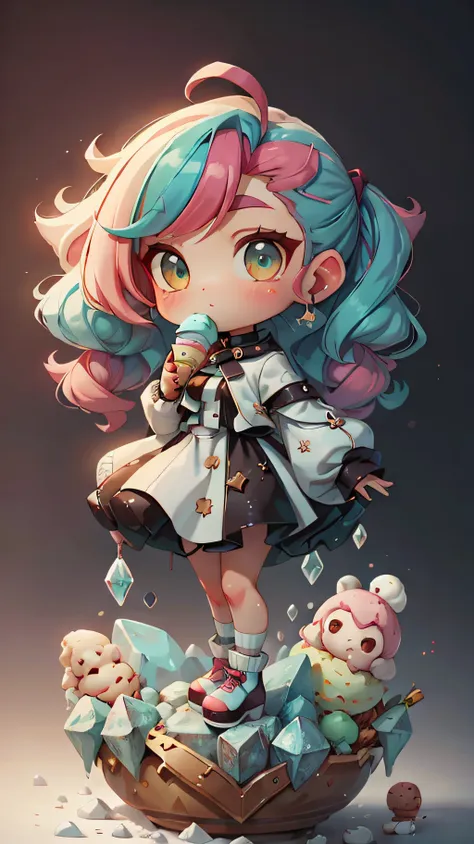 plastican00d， 1girls， chibi t-shi， colored hair， luxury fabrics， dither， ice cream texture，profound， looking at the spectator， s...